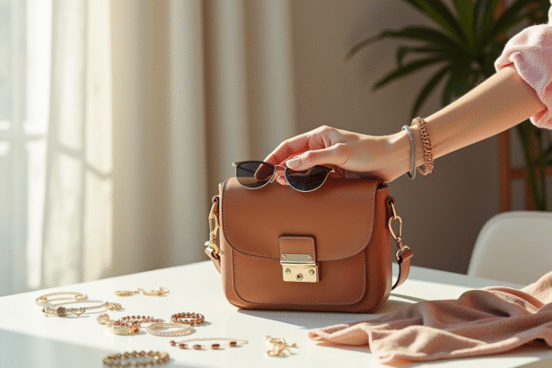 Main d'une femme élégante tenant un sac en cuir et des lunettes