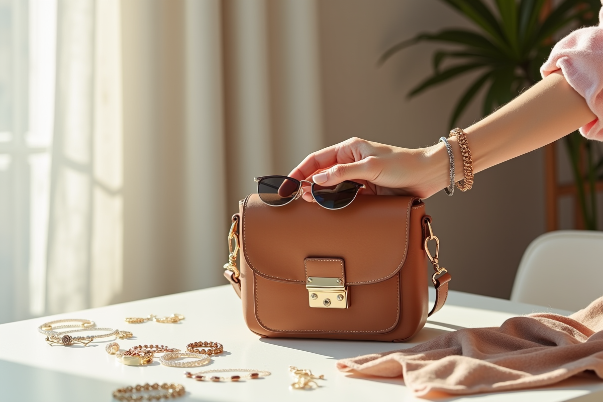 Main d'une femme élégante tenant un sac en cuir et des lunettes