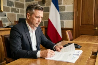 Adjoint au maire en costume sombre consultant des documents officiels dans une salle de conseil municipal