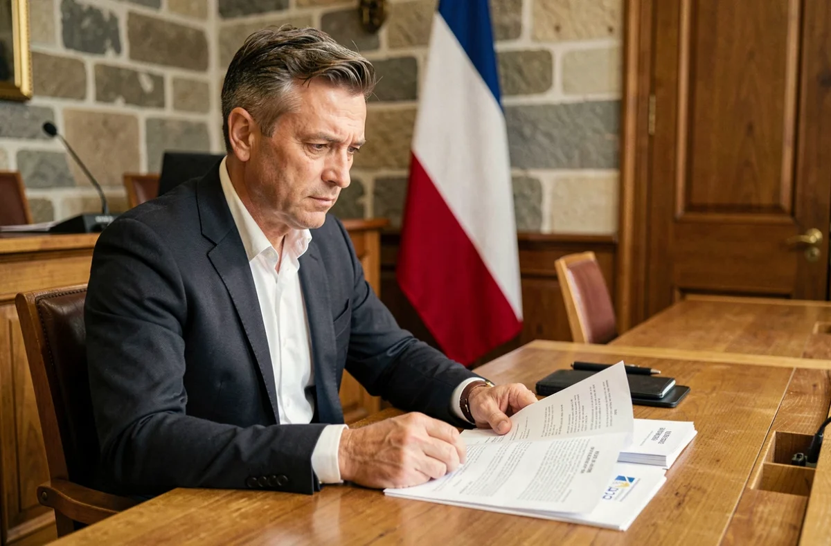 Adjoint au maire en costume sombre consultant des documents officiels dans une salle de conseil municipal
