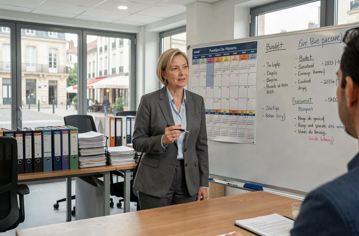 Élue locale adjointe au maire présentant un tableau budgétaire dans un bureau municipal moderne