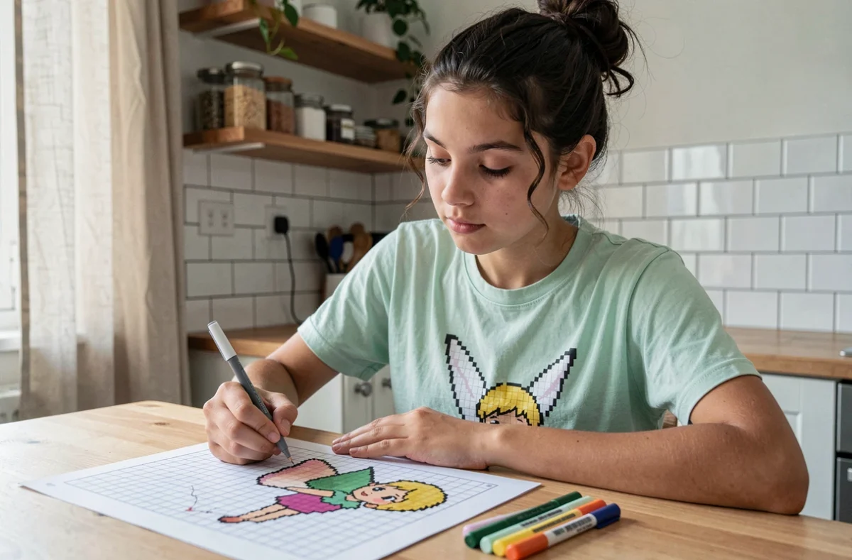 Adolescente coloriant un modèle de pixel art kawaii Disney de Fée Clochette à la table de cuisine