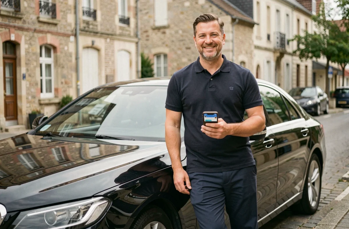 Chauffeur Allo VTC Chartres en polo sombre avec smartphone devant sa berline noire dans une rue de Chartres