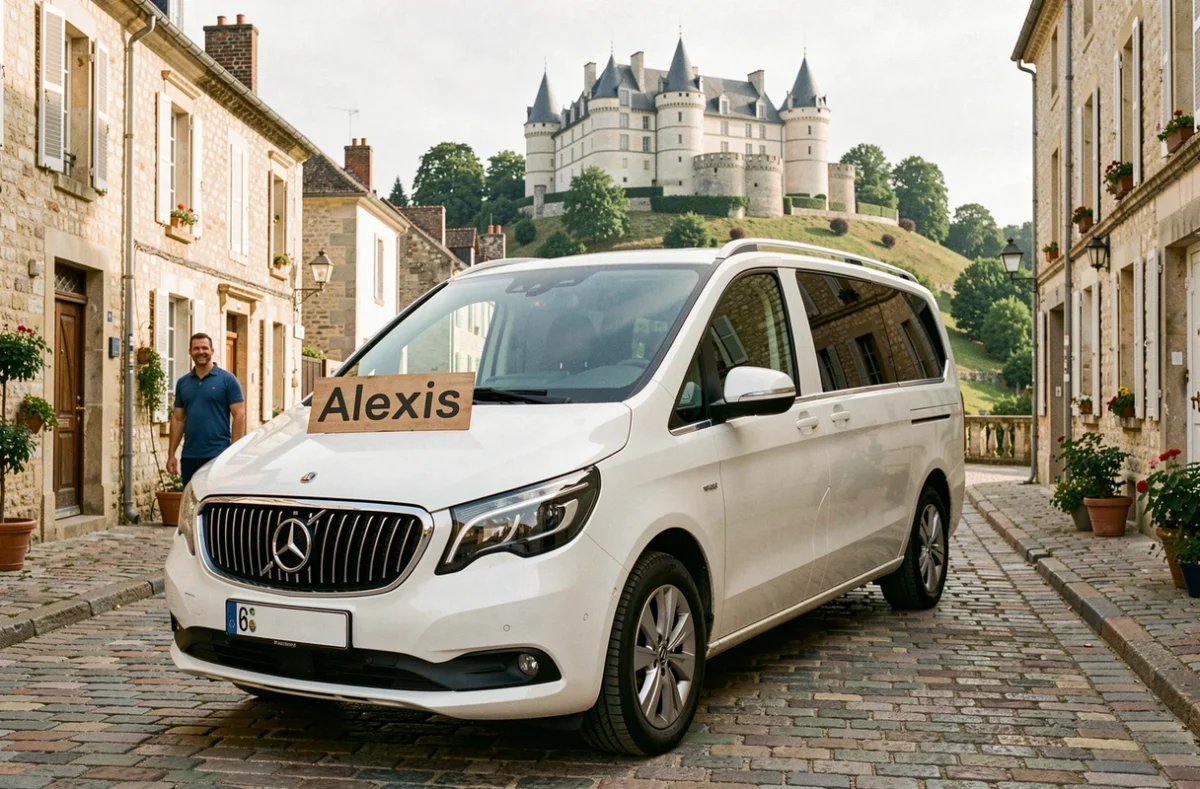Alexis Drouillat chauffeur VTC d'Amboise Shuttle souriant devant son minivan blanc avec le Château d'Amboise en arrière-plan