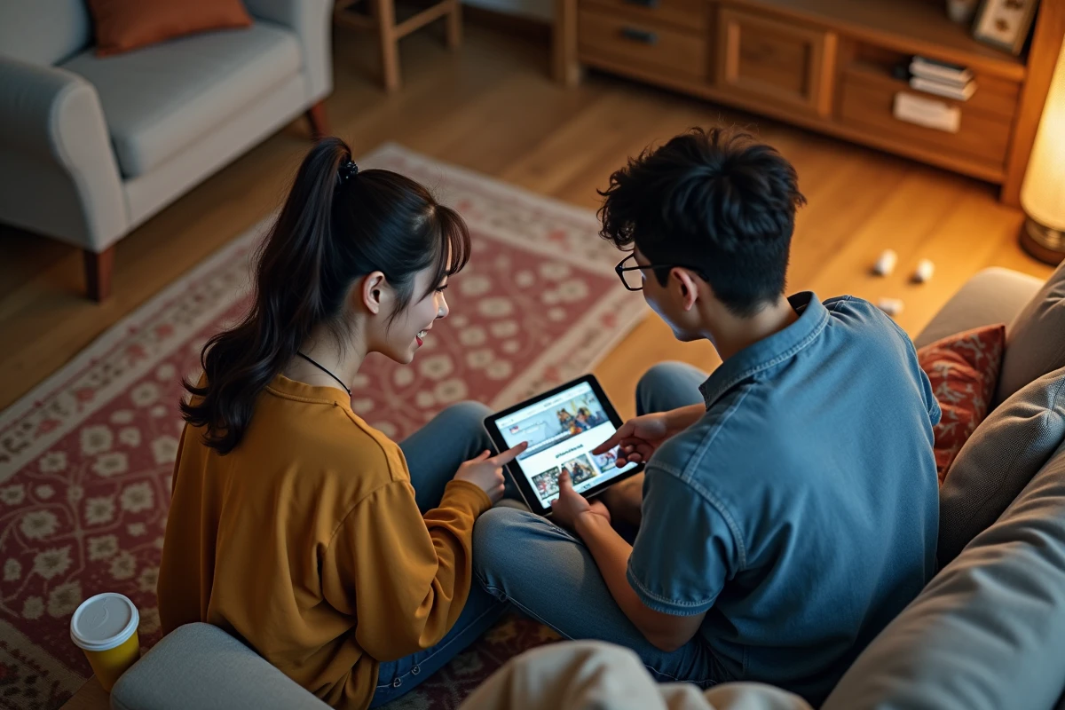 Deux amis découvrant ensemble des séries animées sur une application officielle de streaming