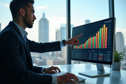 Analyste financier moderne pointant un écran coloré avec des graphiques