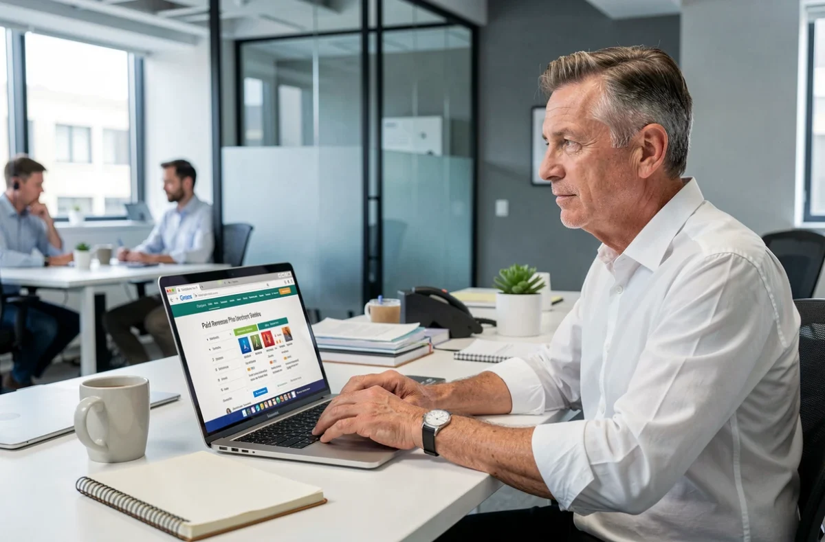 Homme d'affaires utilisant un service d'annuaire inversé payant sur ordinateur portable au bureau