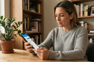 Femme consultant un annuaire inversé gratuit sur son smartphone depuis un bureau à domicile
