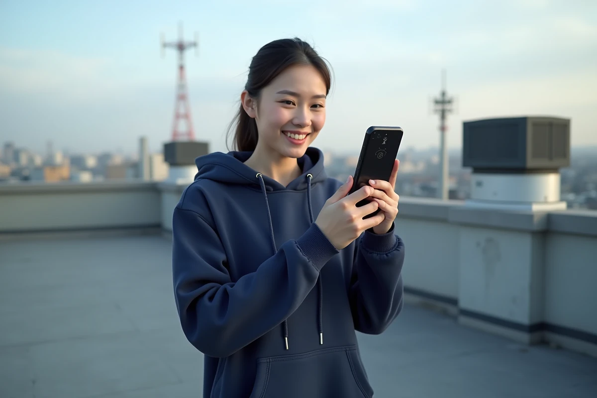 Femme consultant une application de fréquences radio FM sur son smartphone sur un toit urbain