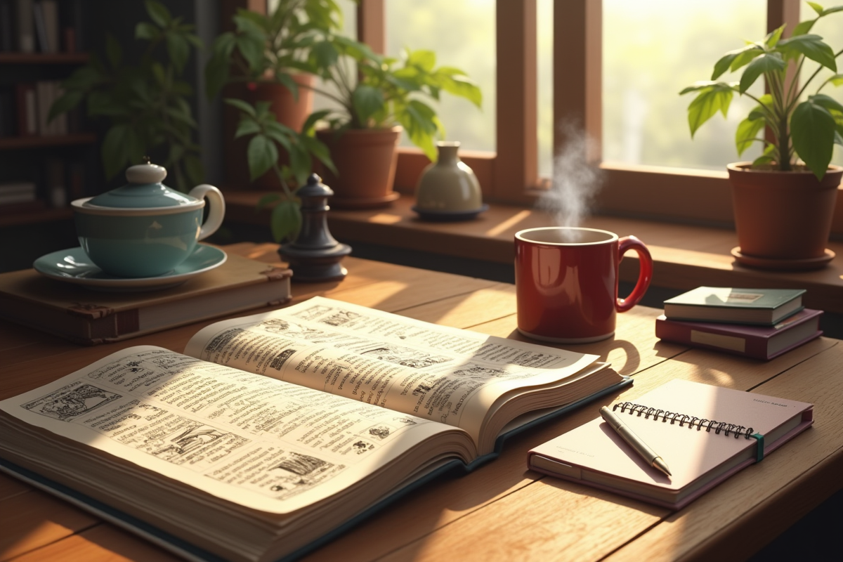 Bureau avec manga ouvert et tasse de cafe le matin