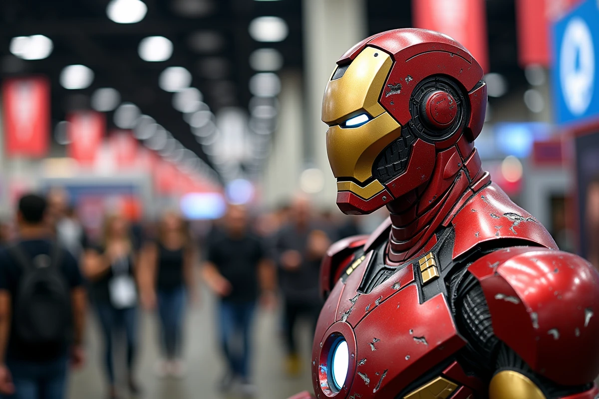 Buste Iron Man grandeur nature en armure endommagée exposé dans un stand de convention comics avec foule floue en arrière-plan
