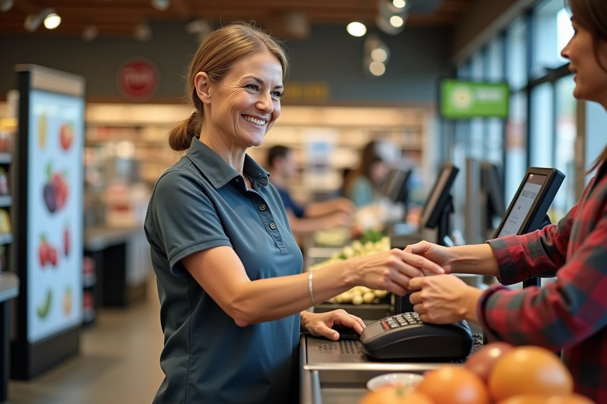 Caissière souriante au service client du SP Supermarché de Châtillon lors du passage en caisse