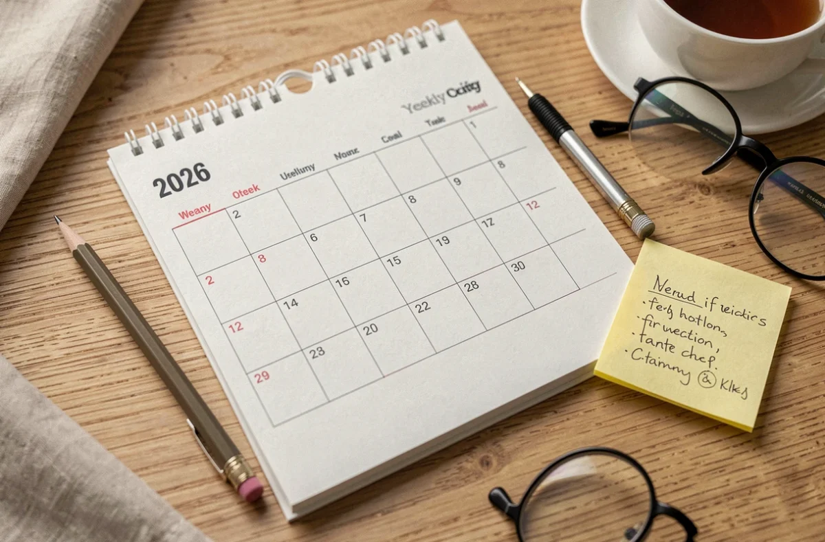 Vue de dessus d'un calendrier semaine impaire 2026 ouvert sur un bureau en chêne avec accessoires de bureau