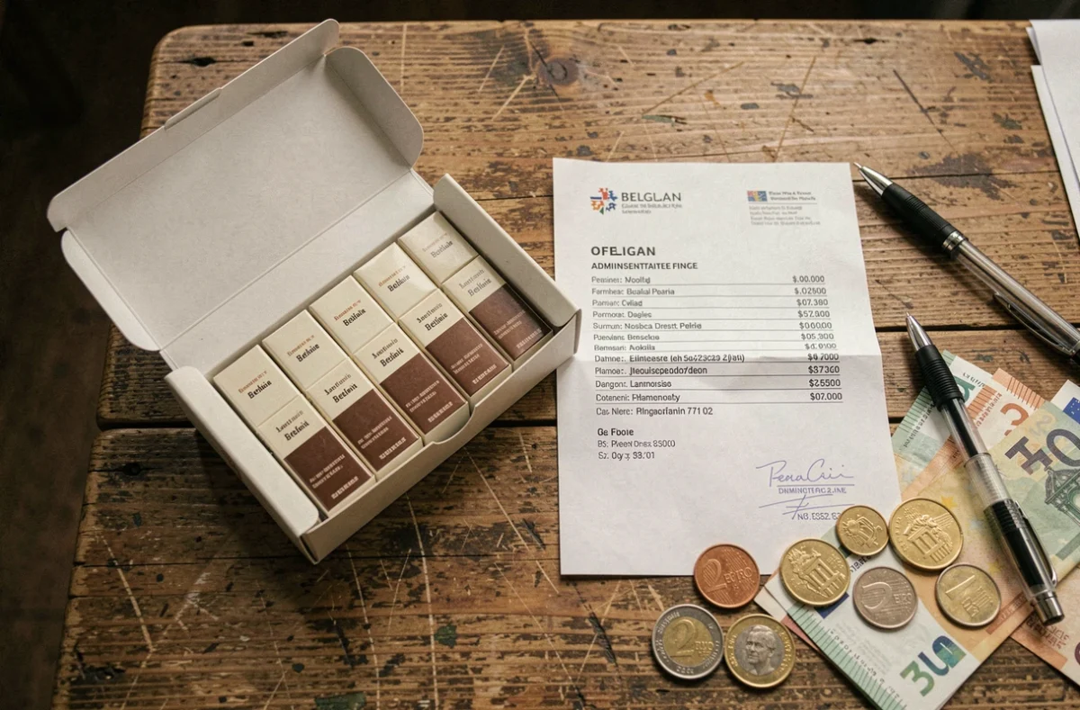 Cartouche de cigarettes ouverte posée à côté d'un procès-verbal d'amende belge et de billets en euros sur une table en bois