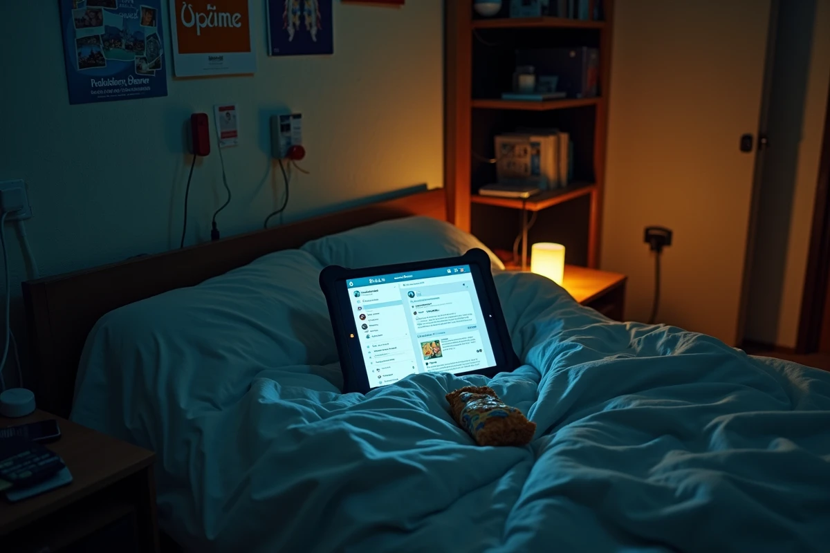 Chambre d'adolescent vide la nuit avec tablette allumée sur les réseaux sociaux, évoquant les peurs liées à l'usage numérique des jeunes