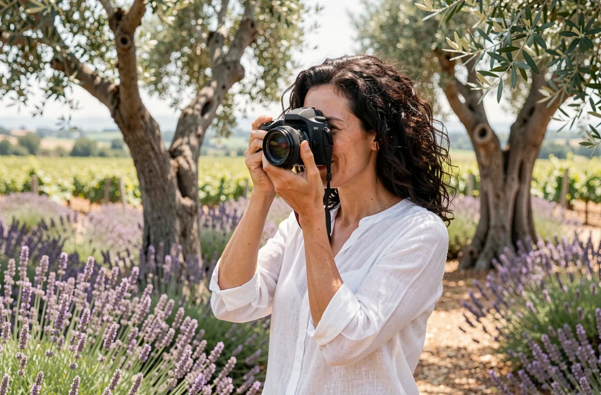 Photographe femme aux cheveux bouclés prenant une photo dans un jardin méditerranéen avec lavande et oliviers en arrière-plan