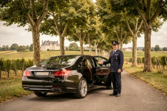 Un chauffeur VTC professionnel en costume sombre se tient près d'une berline noire sur une route du Val de Loire avec un château en arrière-plan