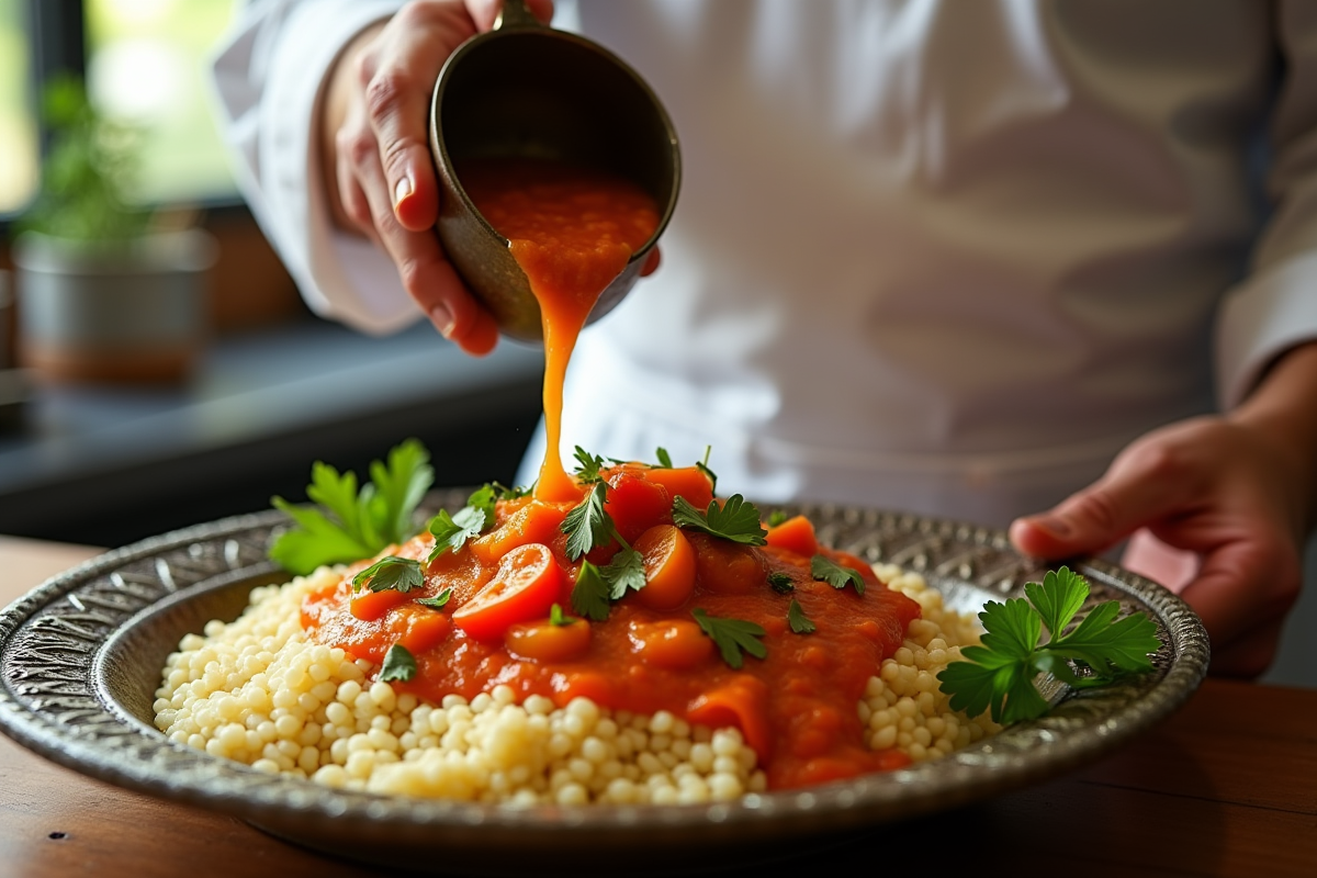 Chef versant sauce végétale sur couscous dans une assiette marocaine