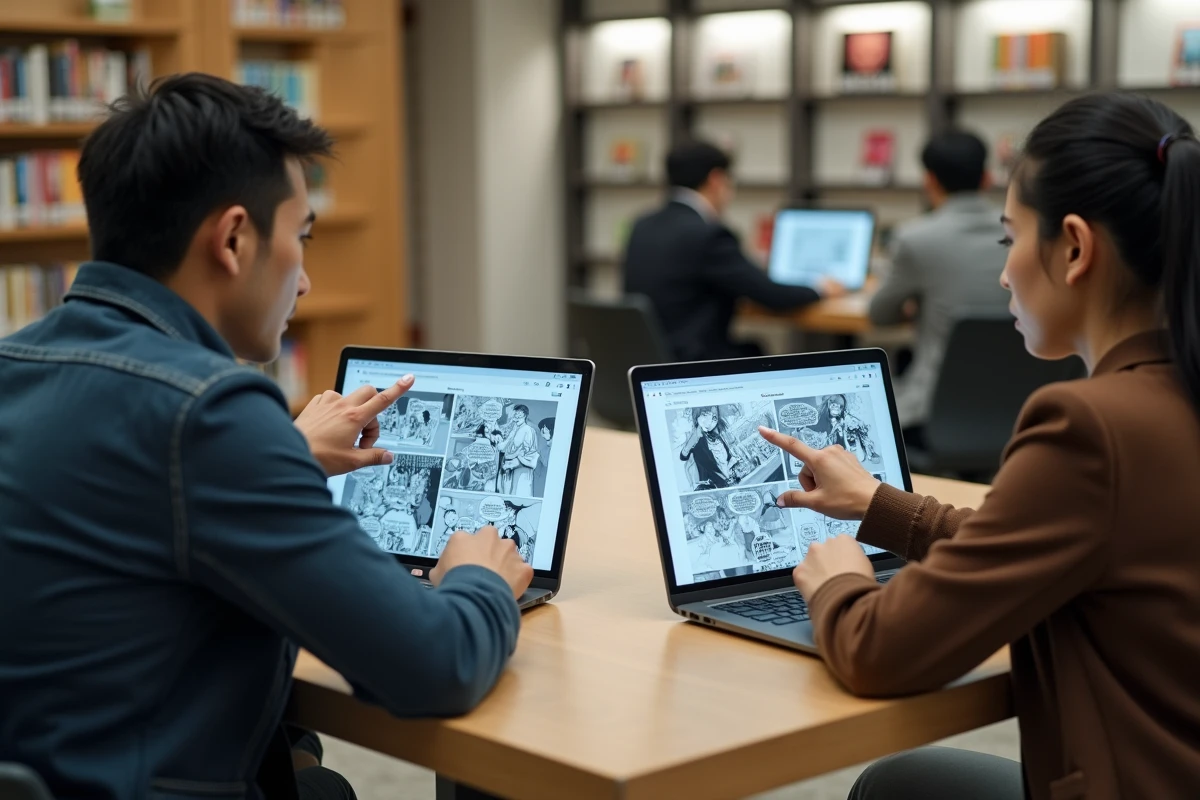 Deux jeunes adultes comparant des sites de scans manga sur leurs ordinateurs portables dans un espace de coworking moderne