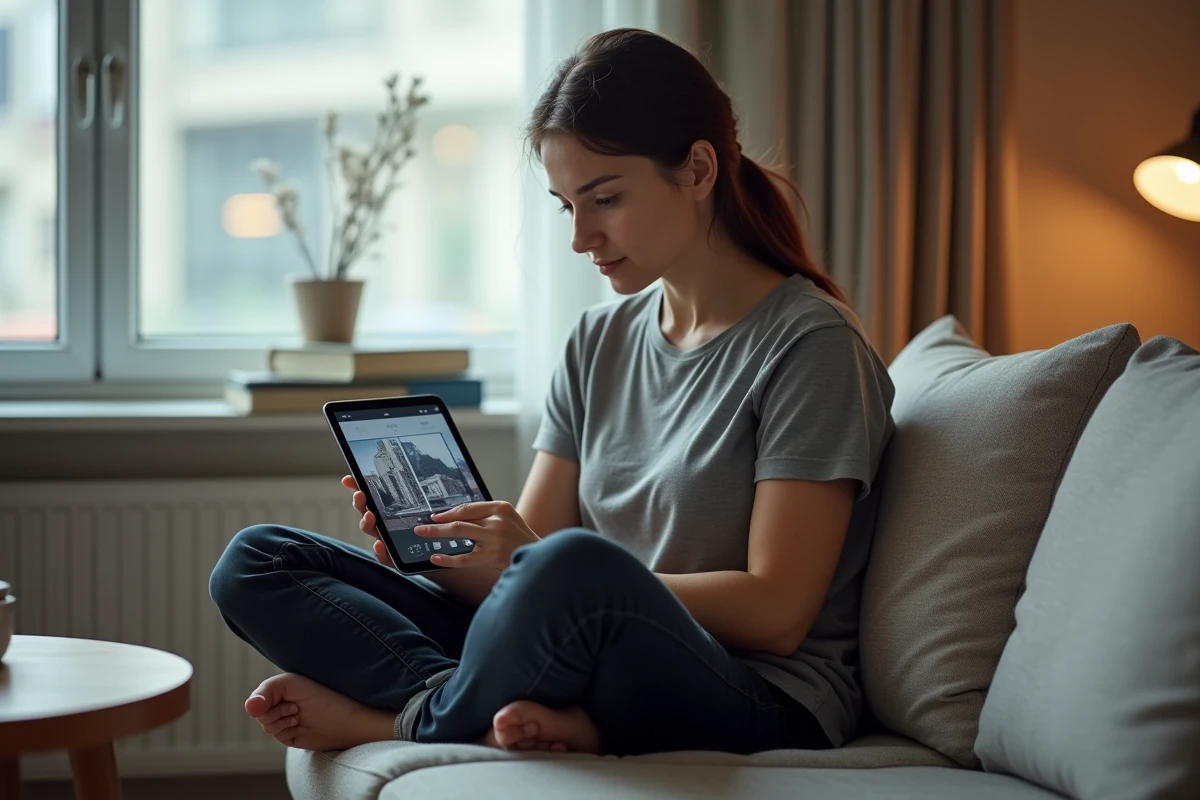 Femme comparant deux sites de scans manga sur une tablette dans un salon cosy avec lumière naturelle tamisée