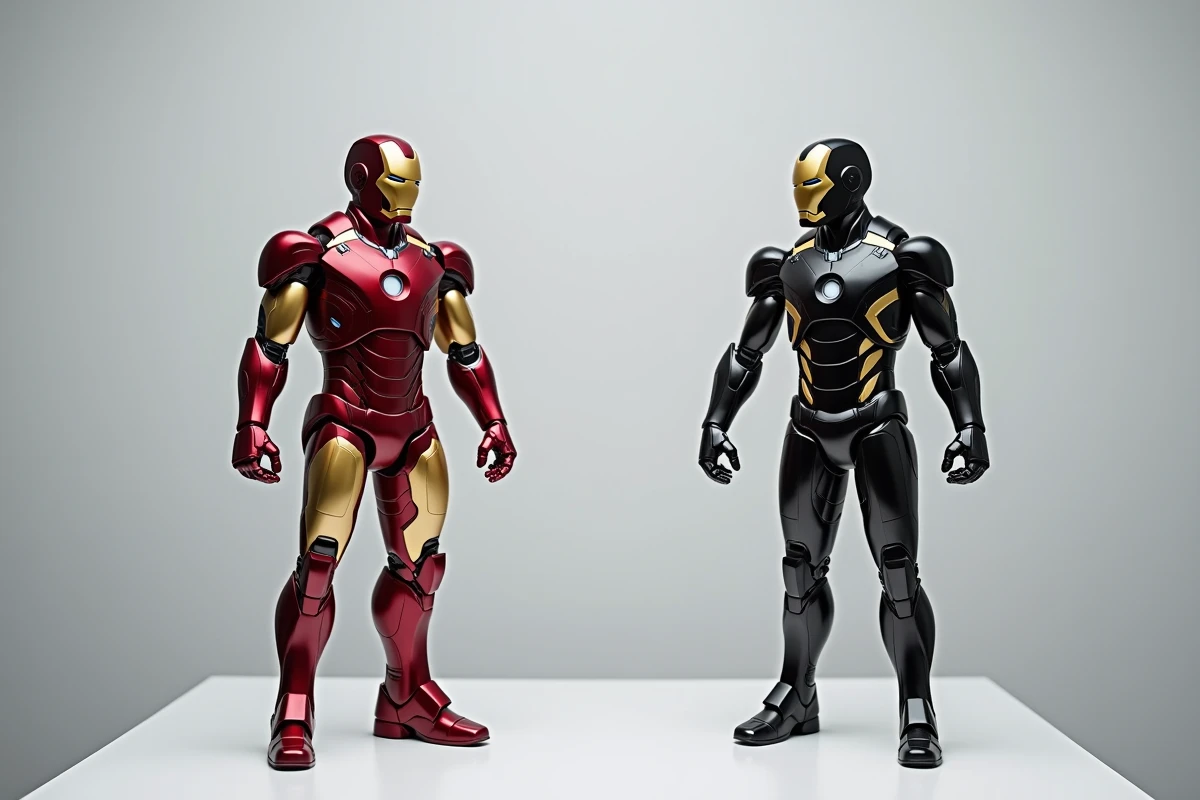 Deux statues Iron Man côte à côte sur table blanche comparant l'armure classique rouge et or et la variante furtive noire et or