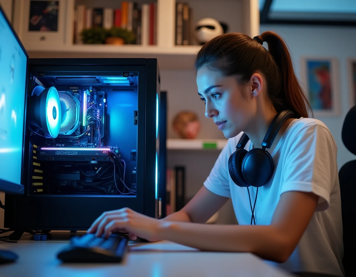 Femme inspectant les composants internes d'un PC gaming pour améliorer les performances sans lag