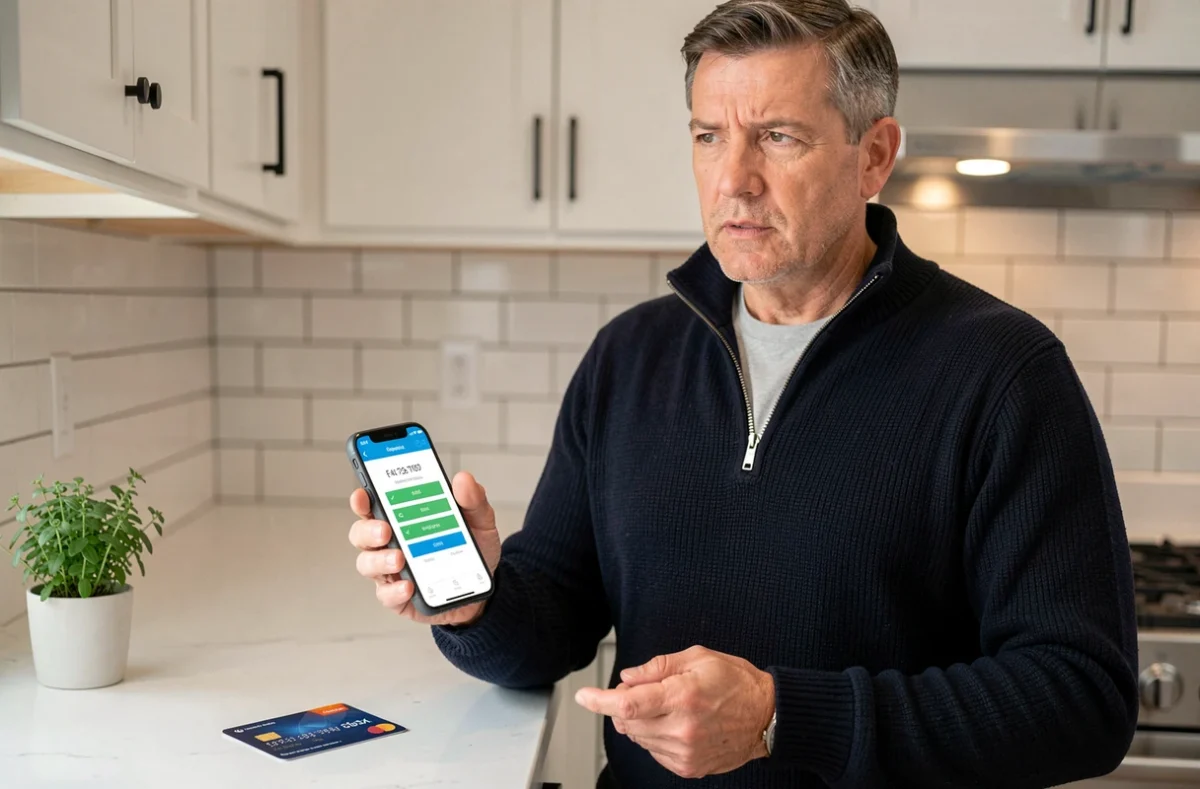Homme vérifiant une confirmation de paiement mobile avec une carte bancaire posée sur un comptoir de cuisine