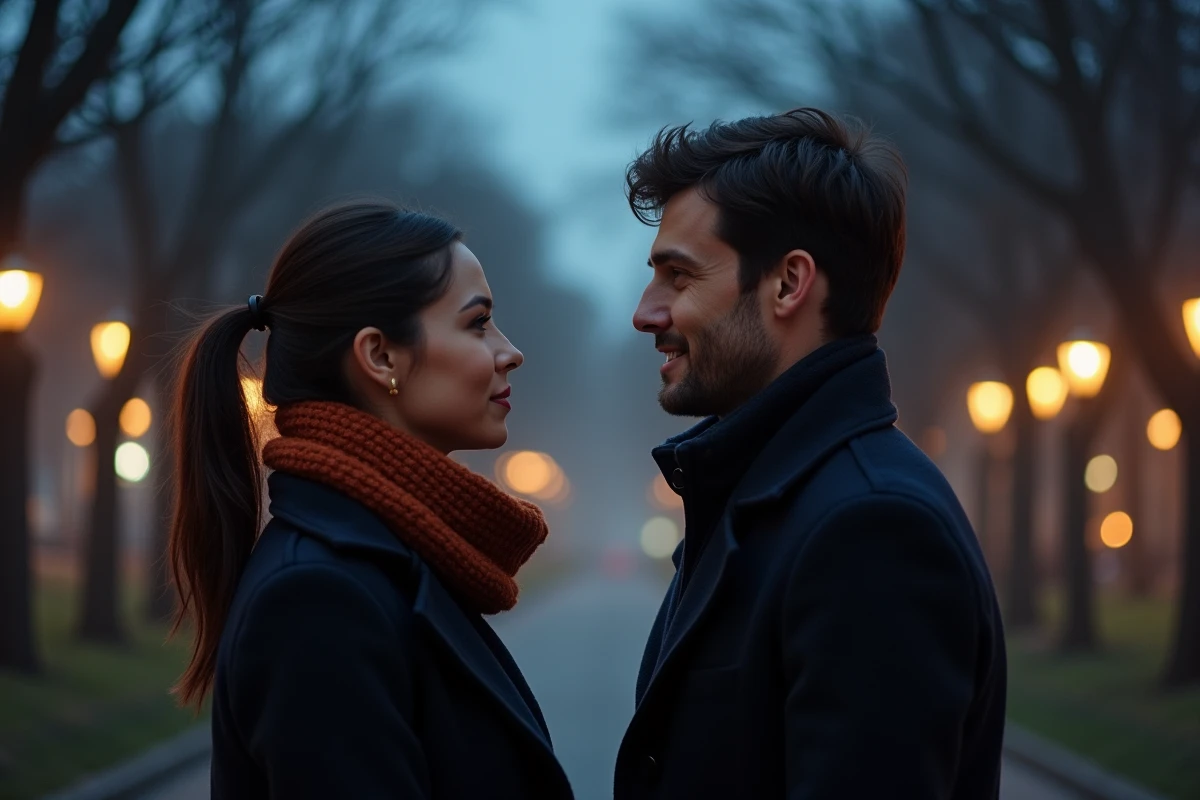 Couple se regardant intensément dans un parc nocturne, symbolisant la connexion entre flammes jumelles
