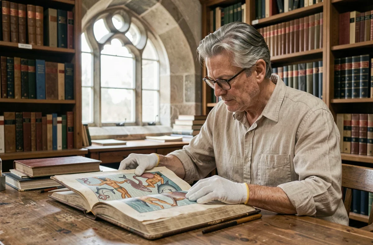 Conservateur en bibliothèque patrimoniale examinant un manuscrit illustré ancien représentant les dieux grecs de la mer et dauphins