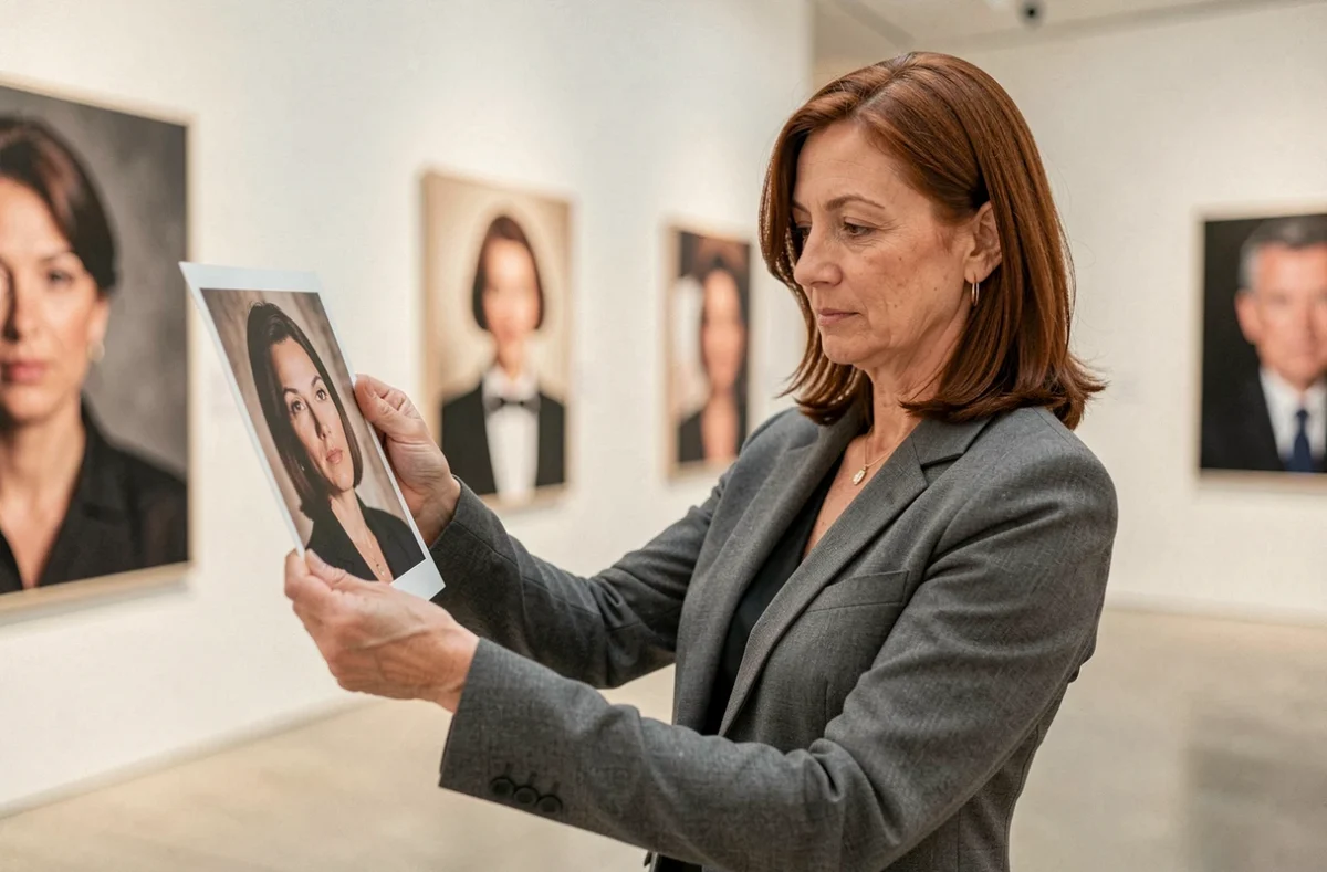 Photographe femme aux cheveux auburn examinant une grande photo imprimée dans une galerie d'art contemporaine aux murs blancs