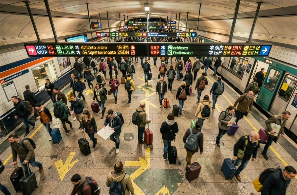 Vue aérienne d'un couloir de correspondance du métro parisien animé pendant les Jeux Olympiques 2026