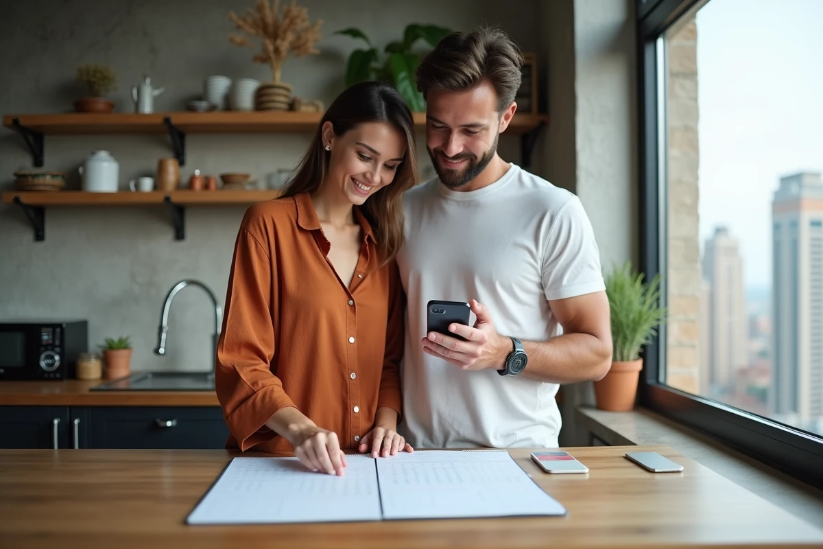 Couple planifiant ensemble leurs vacances 2026 en consultant un calendrier annuel et une application de réservation de voyage