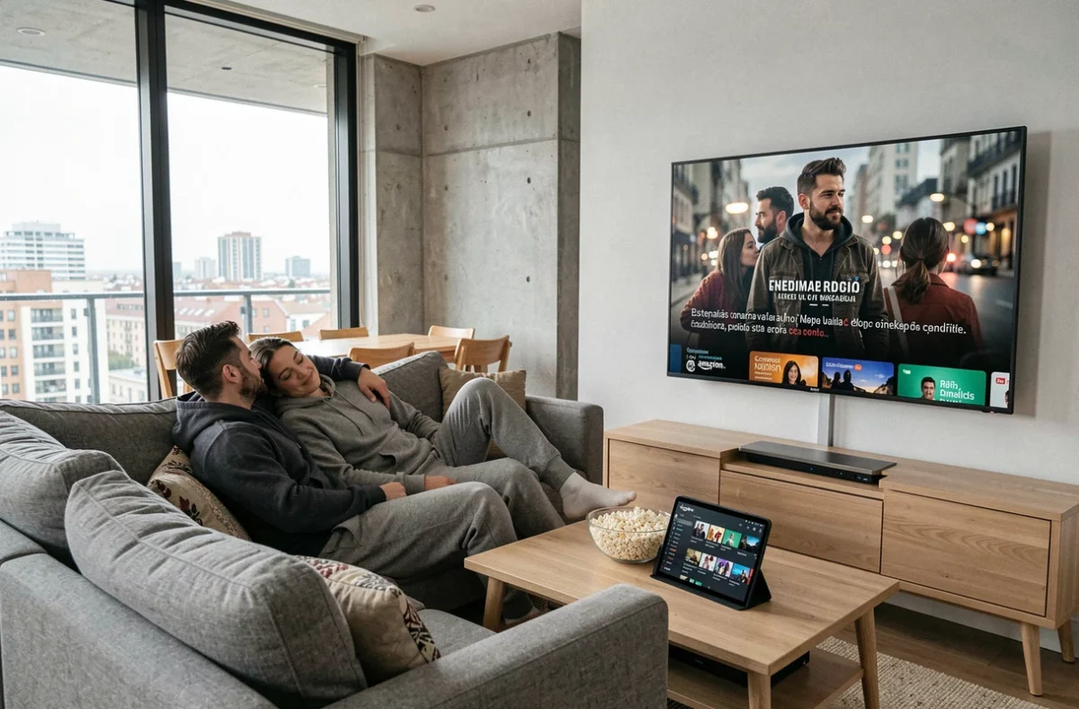 Couple regardant ensemble une série espagnole sur Prime Video dans un appartement moderne