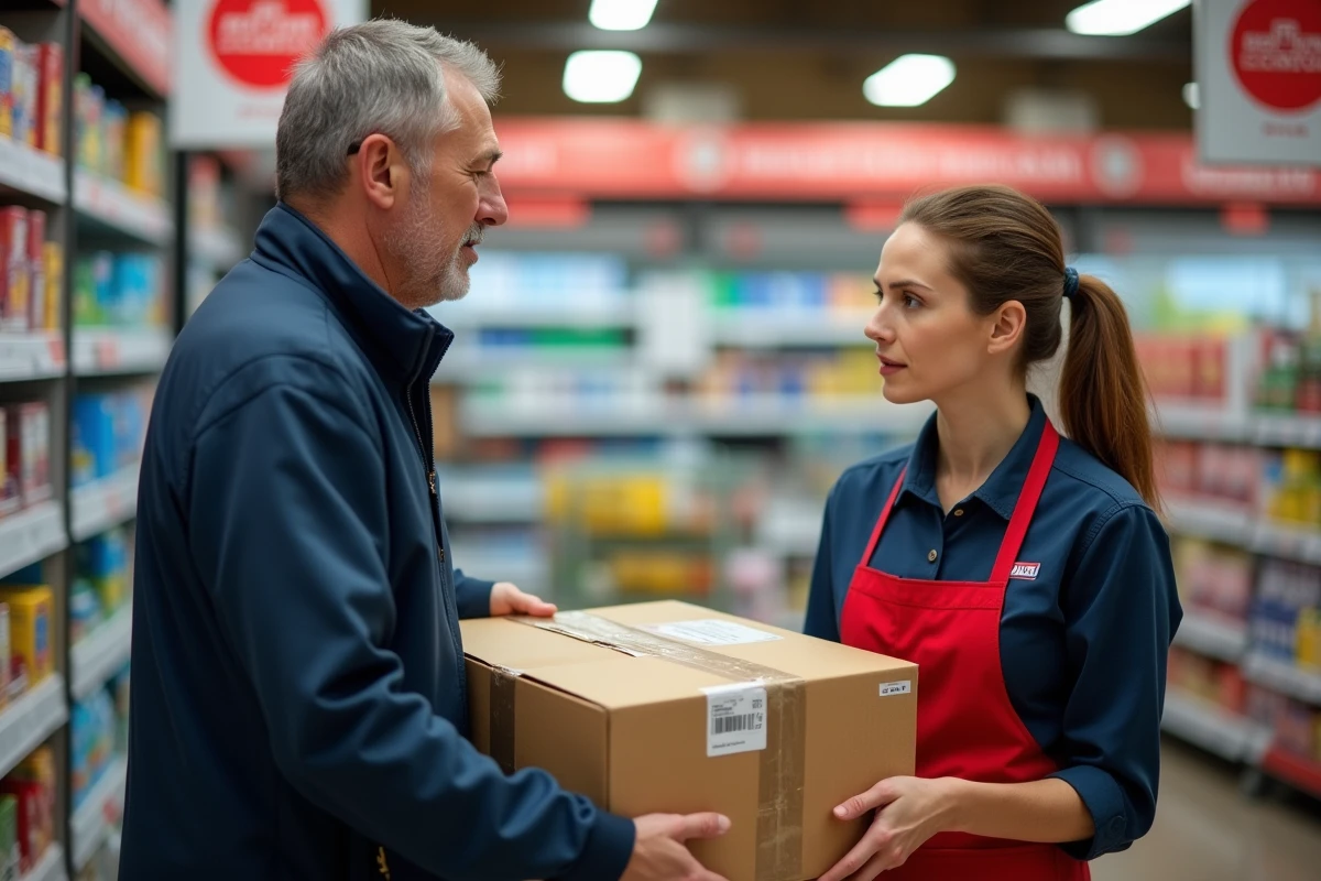 Homme déposant un colis trop grand au comptoir d'un point relais Mondial Relay face à une employée signalant un refus de dimensions