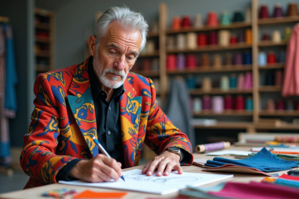 Designer de mode en studio créatif avec croquis colorés