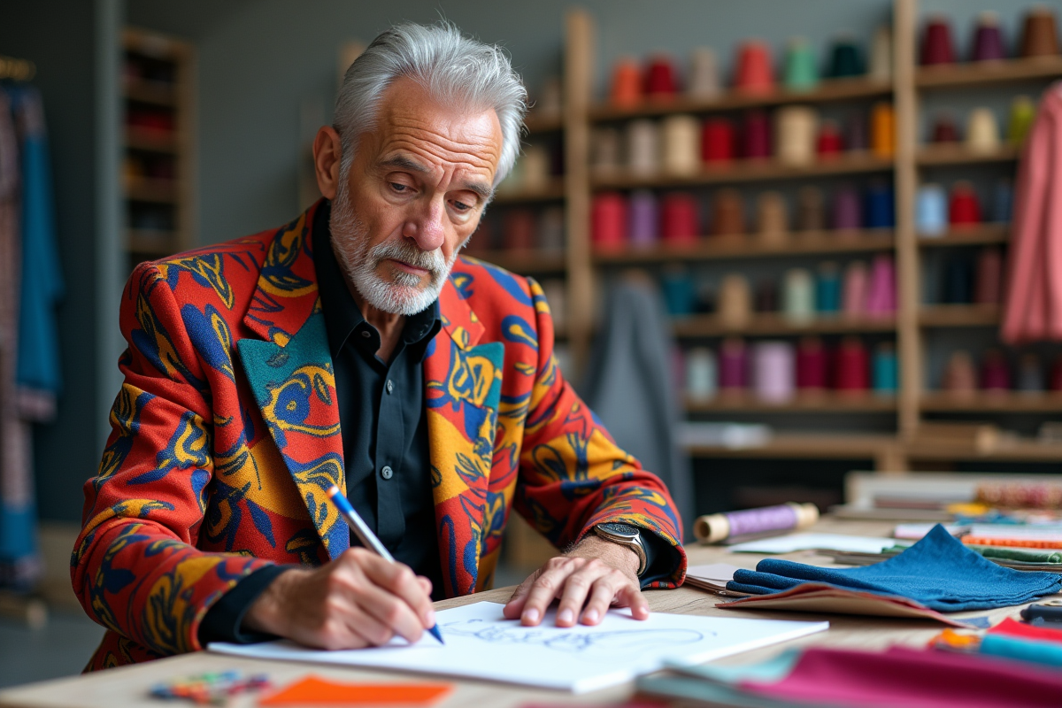 Designer de mode en studio créatif avec croquis colorés