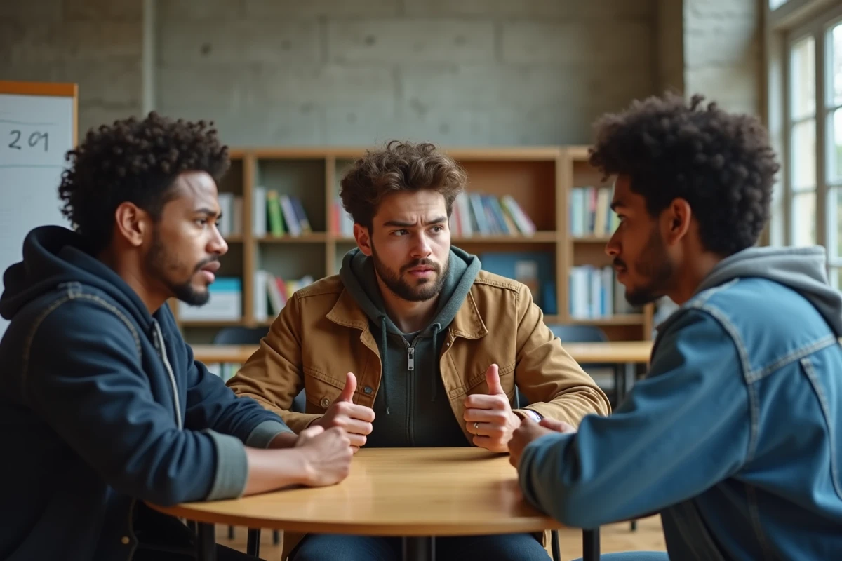 Groupe de jeunes adultes en discussion animée dans une salle universitaire, représentant le débat sur la liberté d'expression et la cancel culture