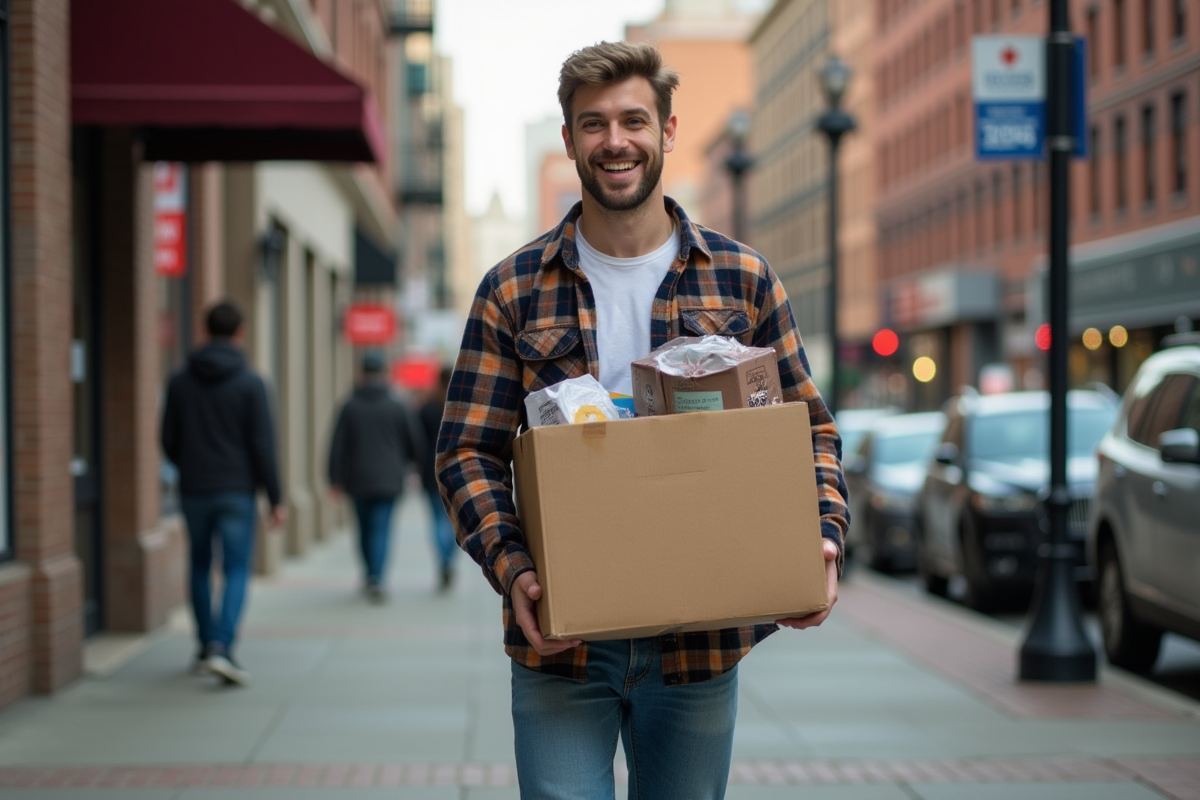 Jeune homme avec un carton de dons dans la rue