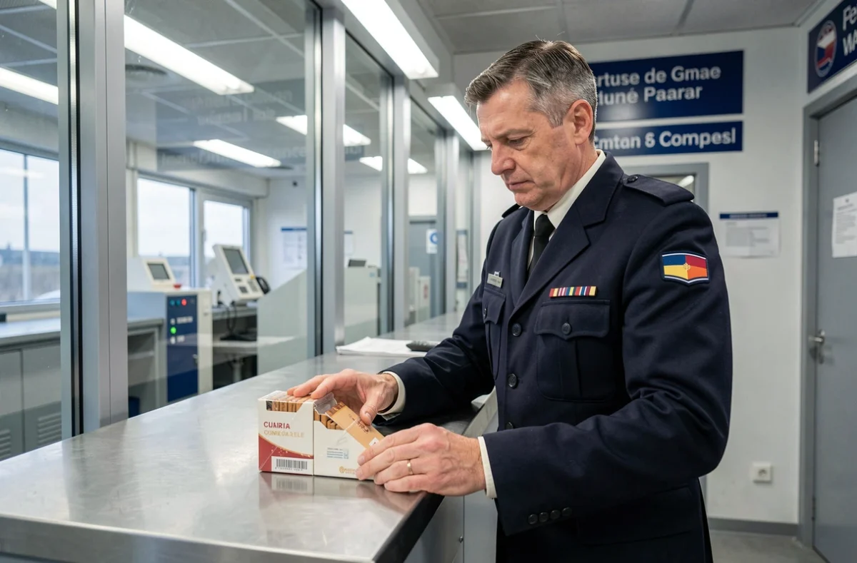 Douanier belge contrôlant une cartouche de cigarettes à un poste frontière lors d'une inspection douanière