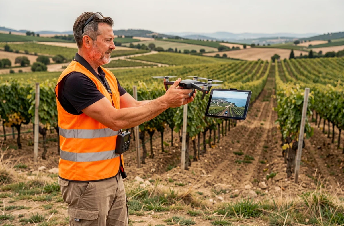 Opérateur de drone en gilet orange lançant un drone professionnel dans les vignobles de l'Hérault avec tablette de contrôle affichant une vue aérienne