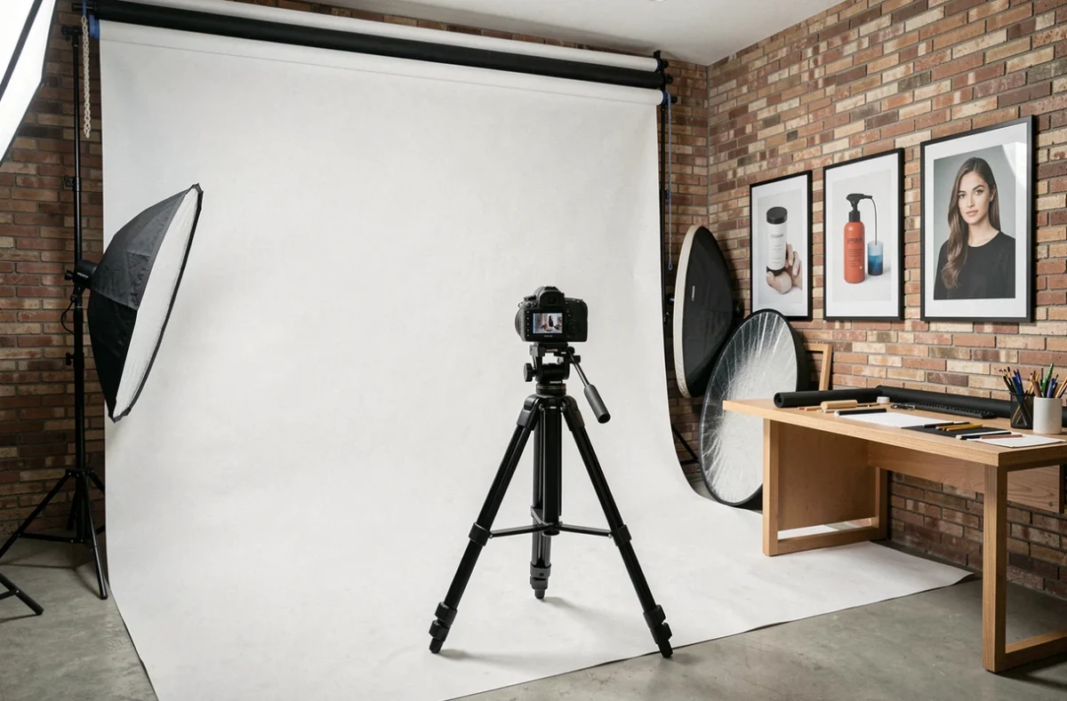 Studio photo moderne à Montpellier avec fond blanc sans couture, trépied professionnel et tirages encadrés sur mur en brique