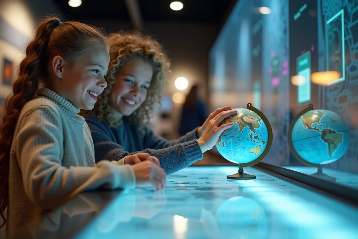 Enfants découvrant un globe dans un musée interactif