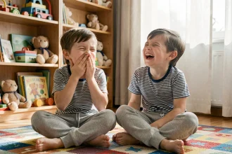 Deux enfants qui rient aux éclats ensemble dans une chambre colorée, illustrant l'humour enfantin spontané