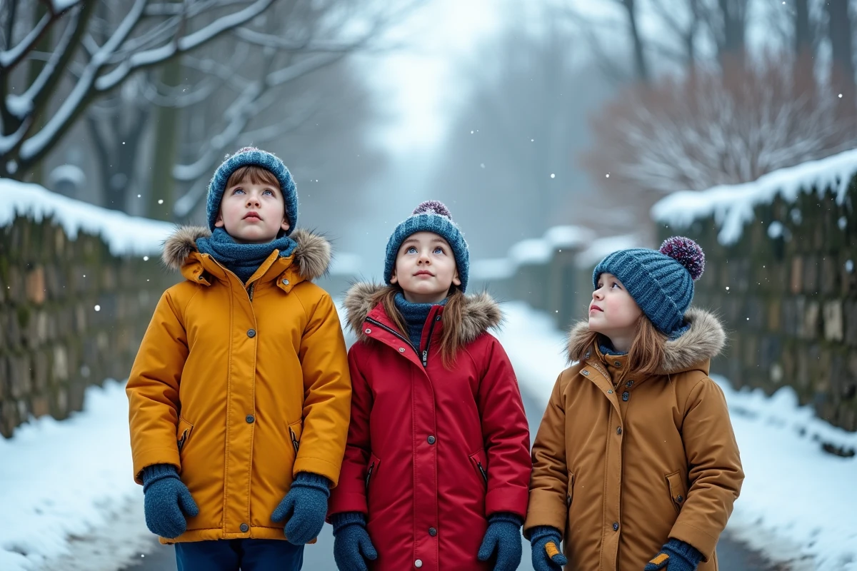 Groupe d'enfants émerveillés sous la neige en hiver, habillés chaudement dans un village enneigé