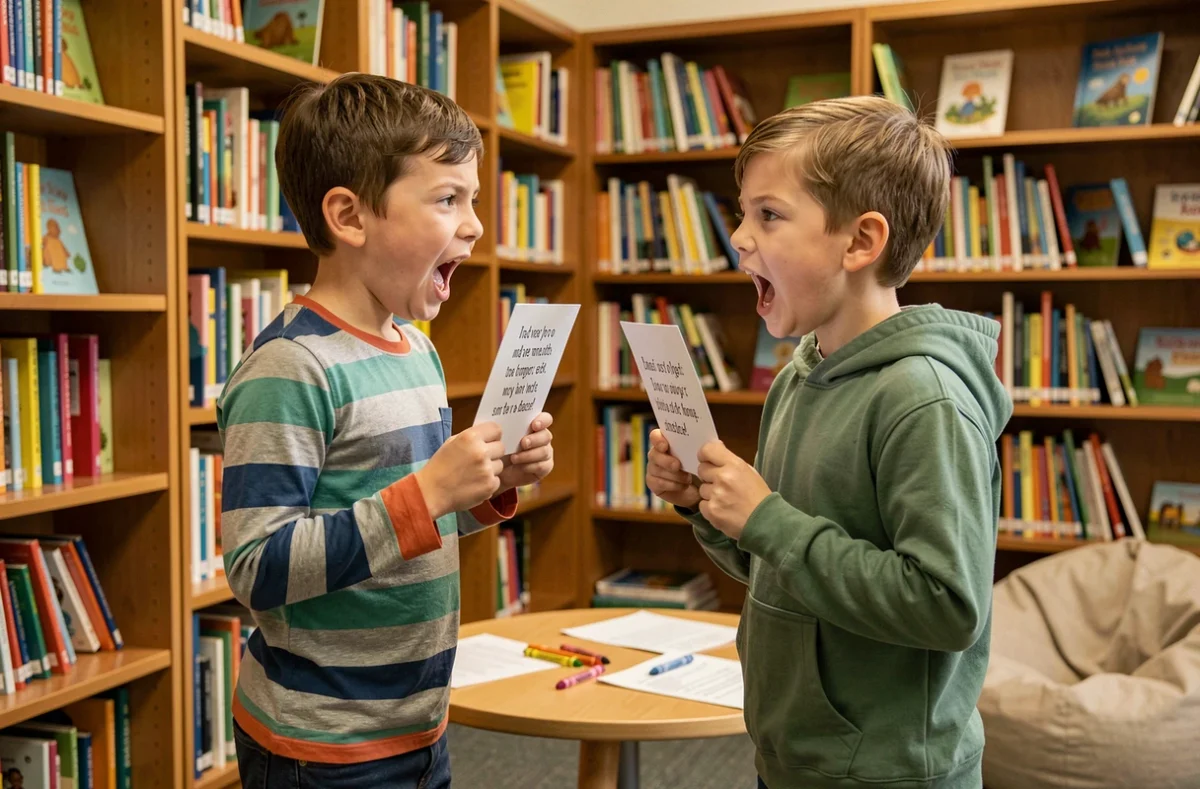 Deux élèves de CE1 jouant avec leur voix en lisant un poème dans une bibliothèque scolaire