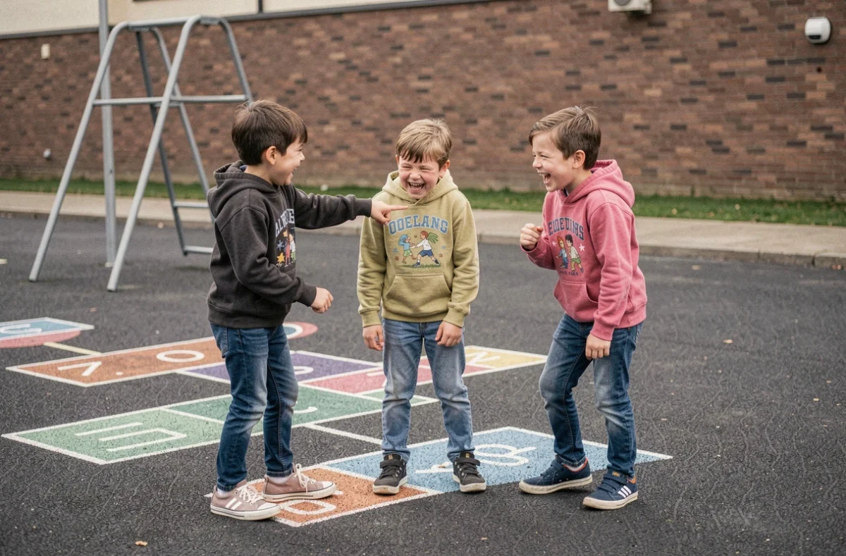 Groupe d'enfants riant ensemble dans une cour d'école, illustrant le partage de l'humour potache entre camarades