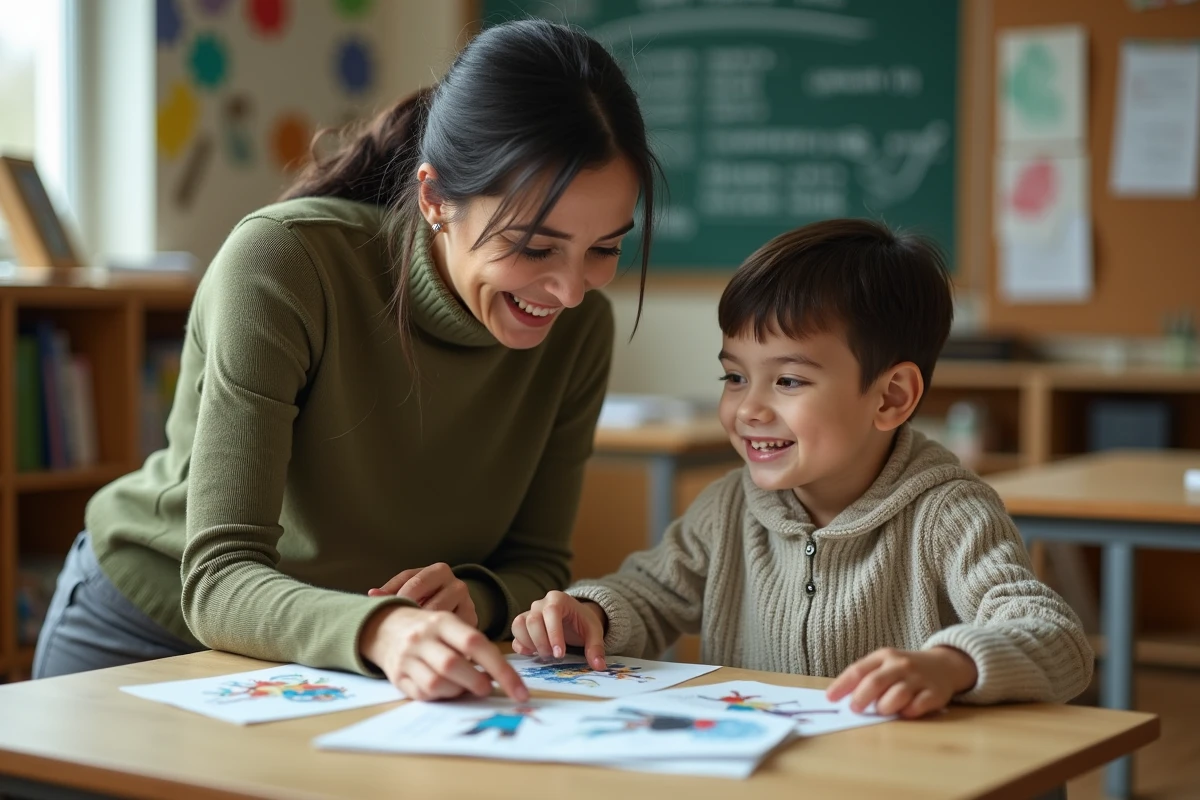 Enseignante expliquant un poème sur l'hiver à un élève à l'aide de cartes illustrées en classe