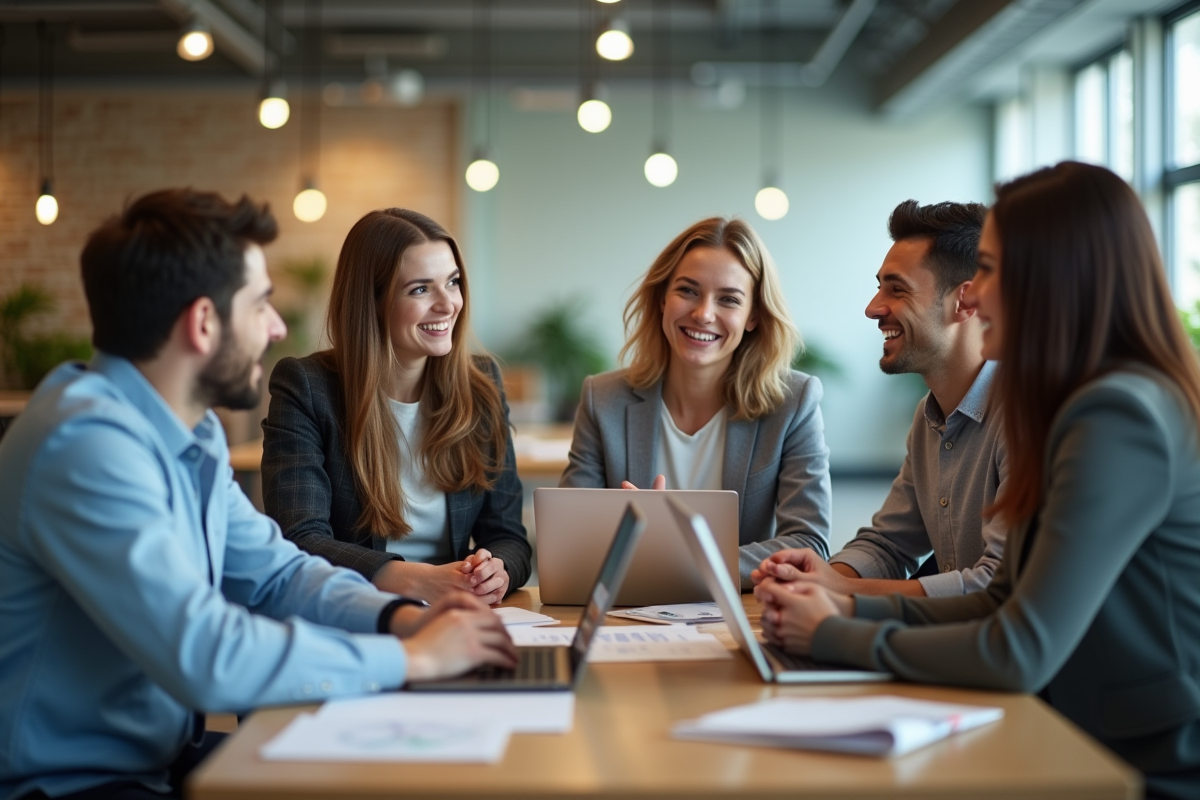 Groupe de jeunes professionnels en réunion dans un bureau moderne