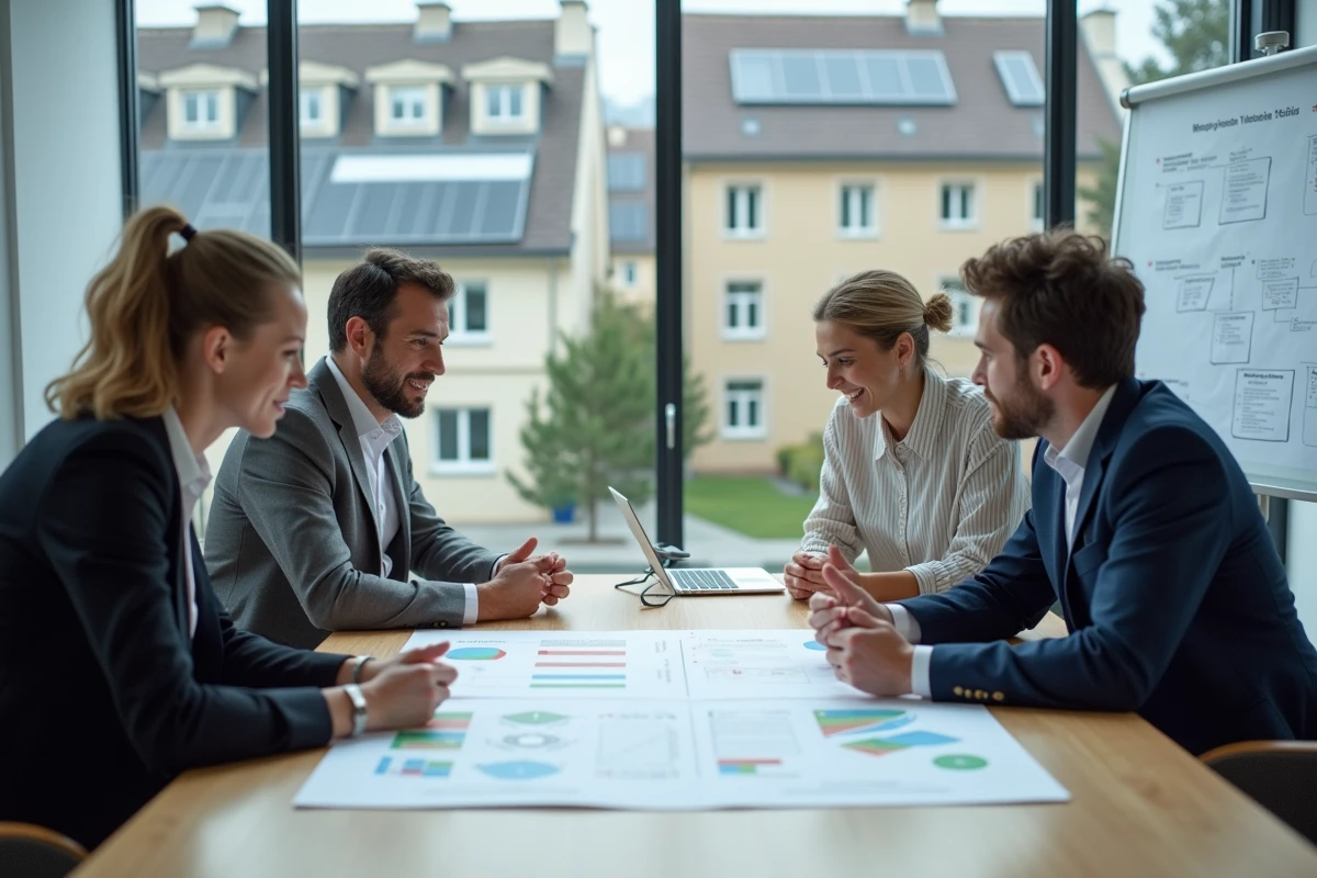 Équipe pluridisciplinaire élaborant une stratégie de transition énergétique autour d'une table de réunion en France