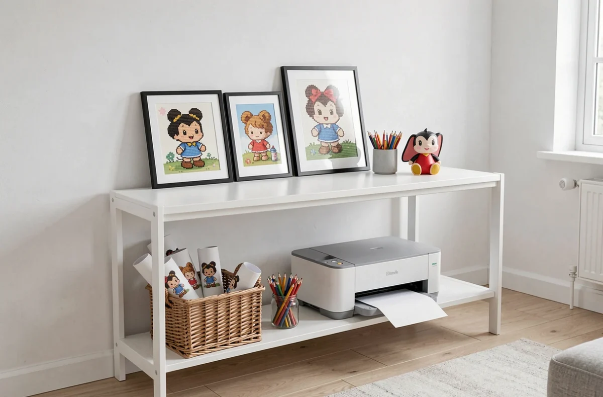 Étagère organisée avec des impressions de pixel art kawaii Disney encadrées et une imprimante à domicile dans un intérieur scandinave
